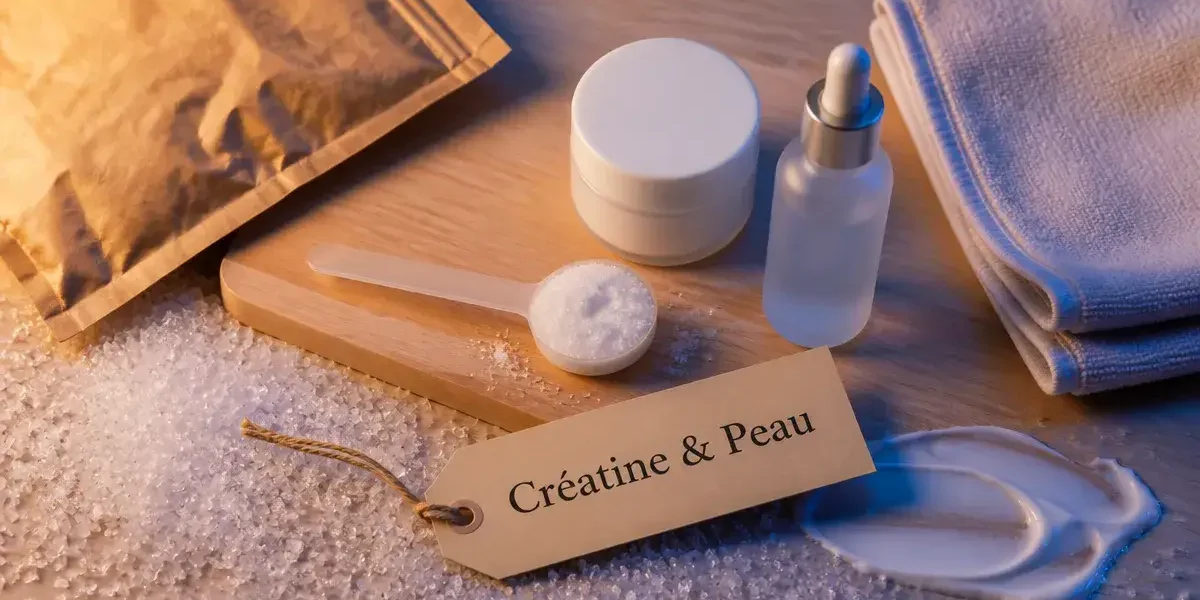 Cr9atine effet sur la peau : poudre dans une cuill2re et cr8me sur planche