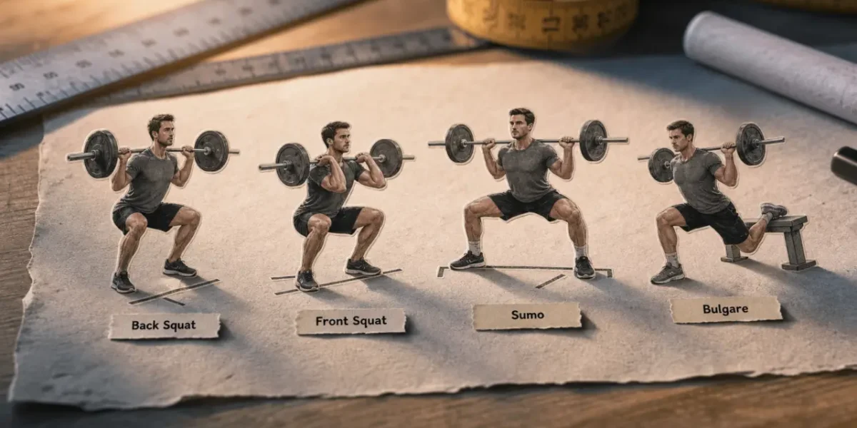 Different type de squat : Back, Front, Sumo et Bulgare