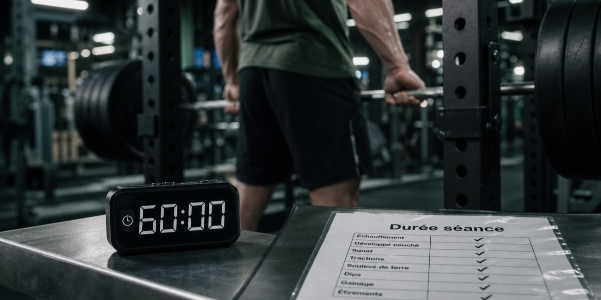 Durée séance musculation 60 minutes, chronomètre en salle de sport