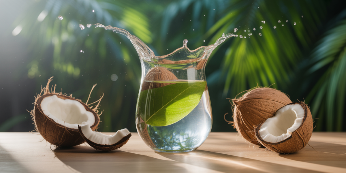 Eau de coco verre sur table tropicale, noix de coco, splash