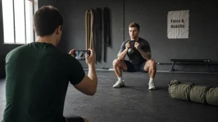 Fitness fonctionnel : coach filme un pratiquant au kettlebell