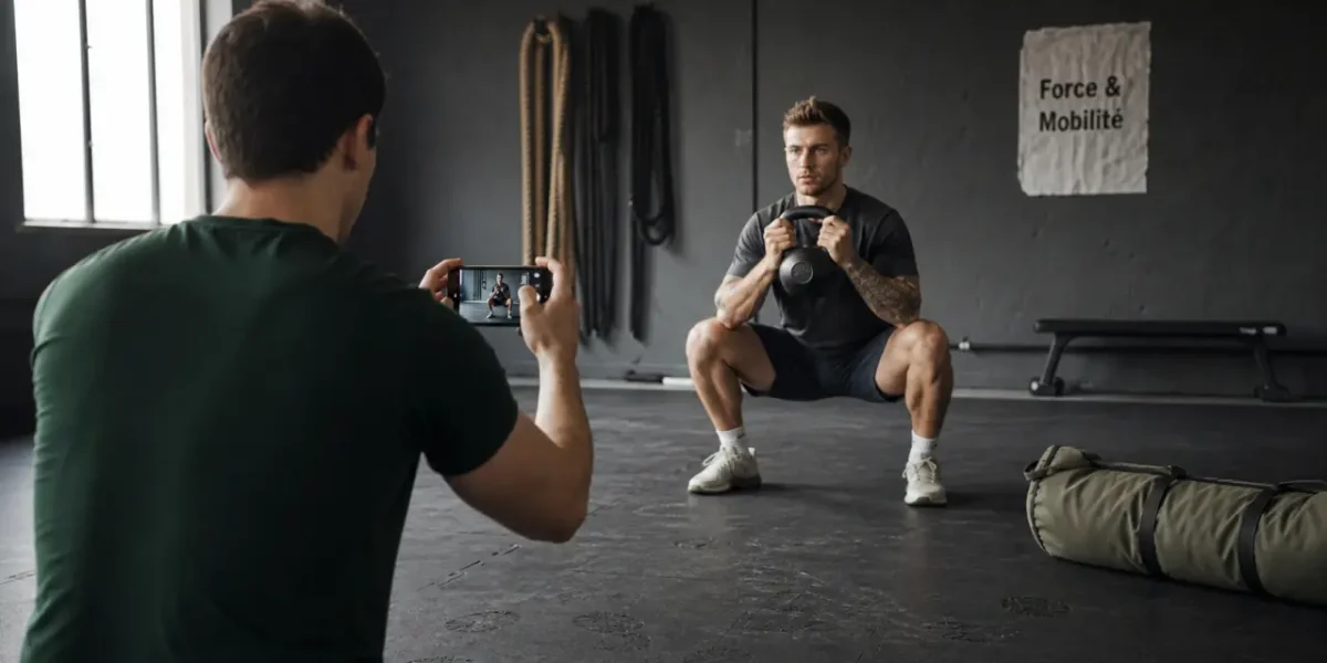 Fitness fonctionnel : coach filme un pratiquant au kettlebell