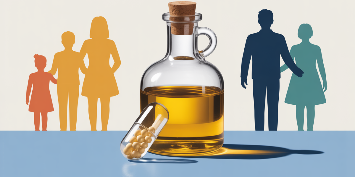 Gélules huile de foie de morue en famille, capsule et cuillère d'huile