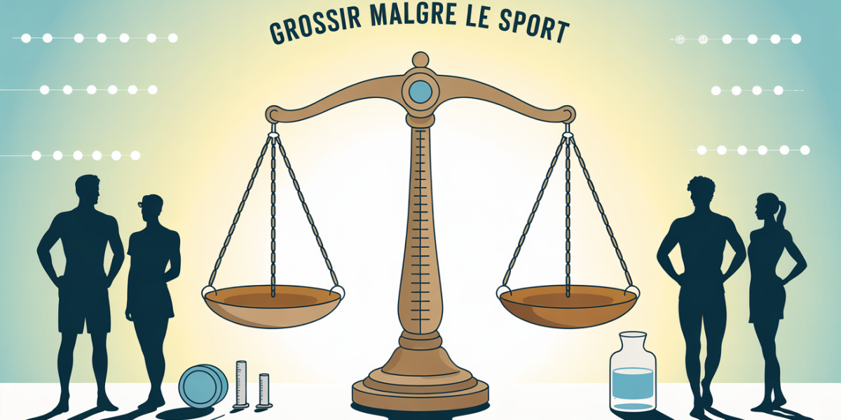 Balance, haltères, mètre ruban et eau symbole grossir malgre le sport