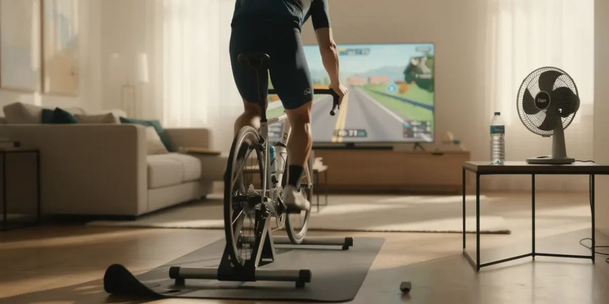 Cycliste sur home trainer connecté moderne avec écran parcours virtuel