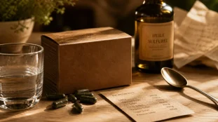 Huile de Haarlem perte de poids : gélules et eau sur table, complément traditionnel