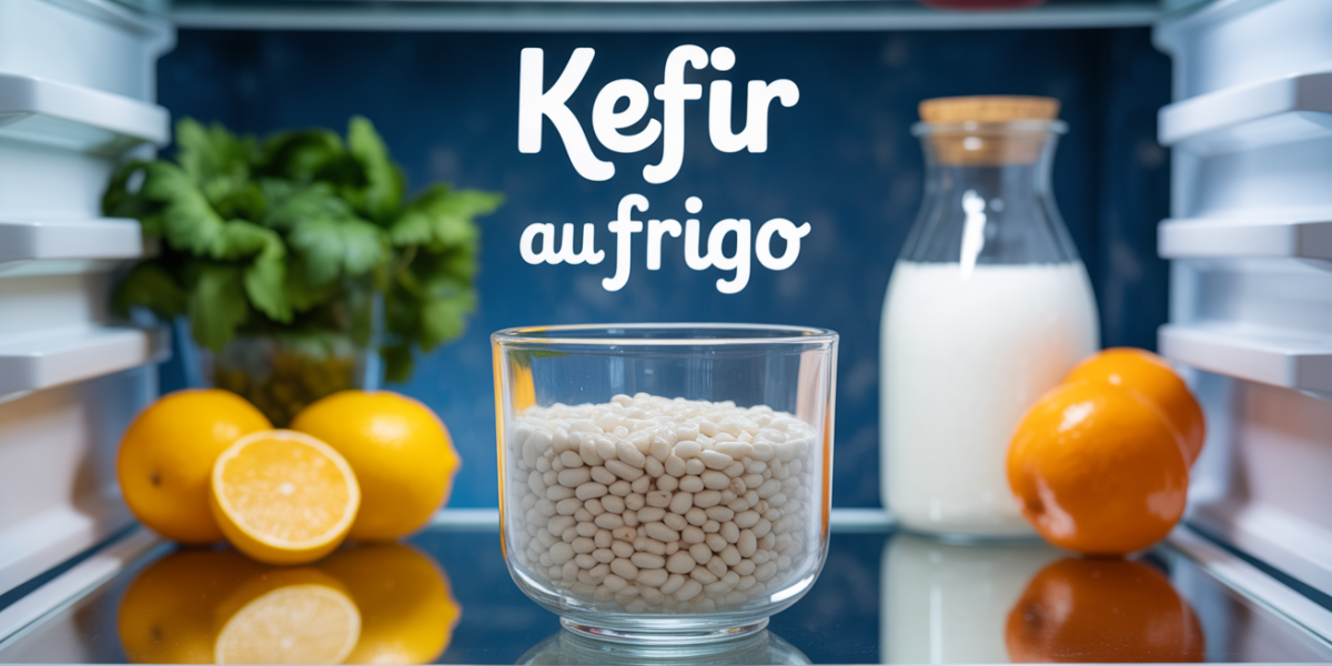 Grains de kefir au frigo dans bocal verre