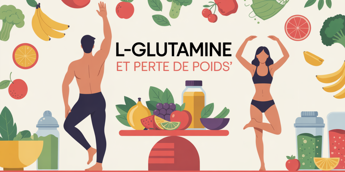 Illustration L-glutamine et perte de poids, silhouettes sur balance cuisine healthy