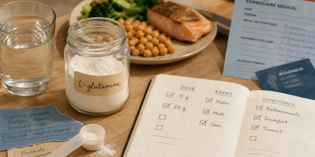 L-glutamine intestin effets secondaires : bocal de poudre et suivi des symptômes