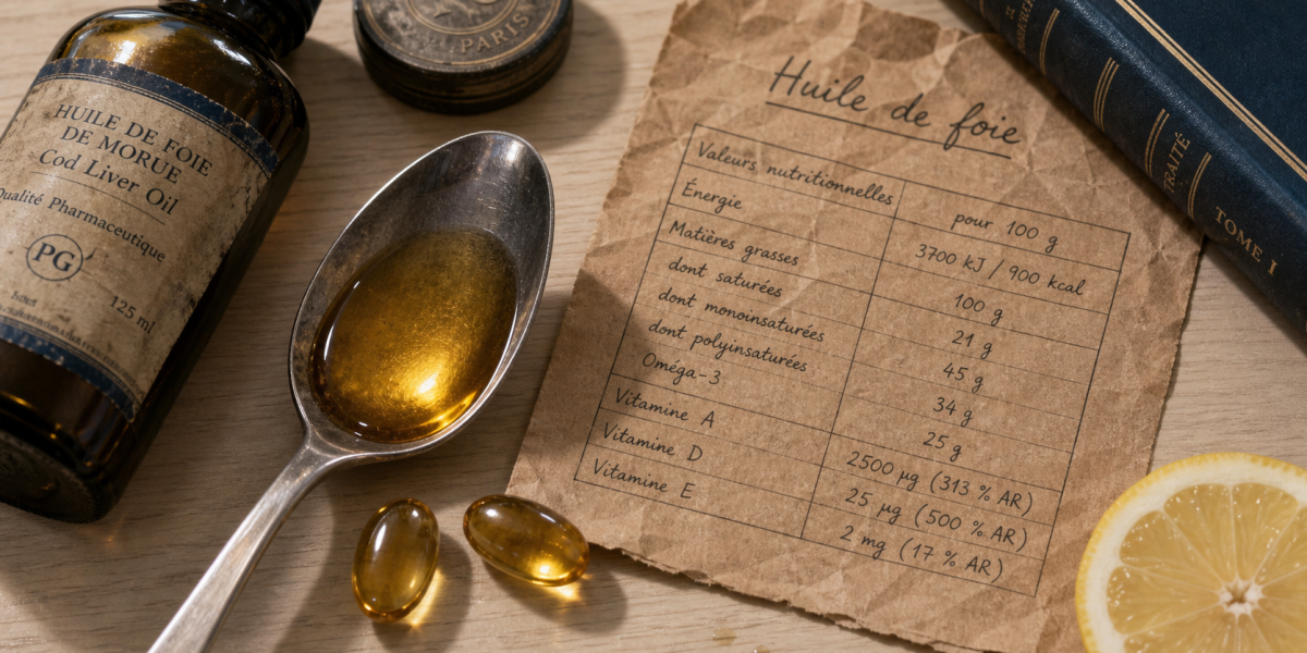 L huile de foie de morue en cuillère, capsules et flacon sur table bois