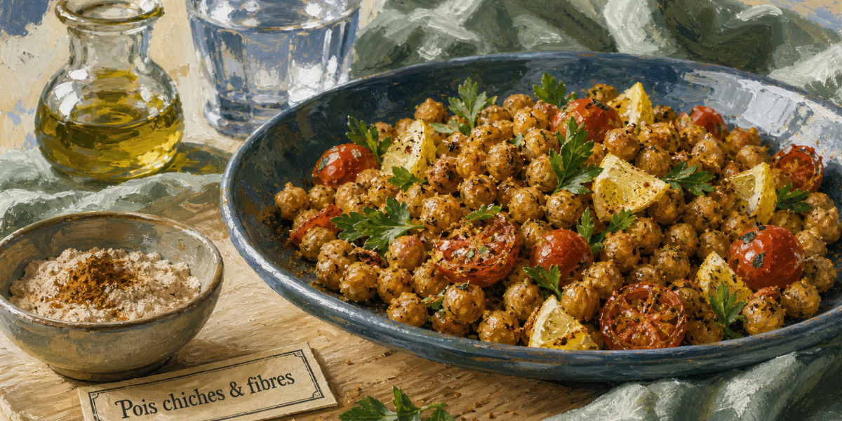 Les bienfaits des pois chiches : assiette de pois chiches rôtis, 17g fibres, microbiote