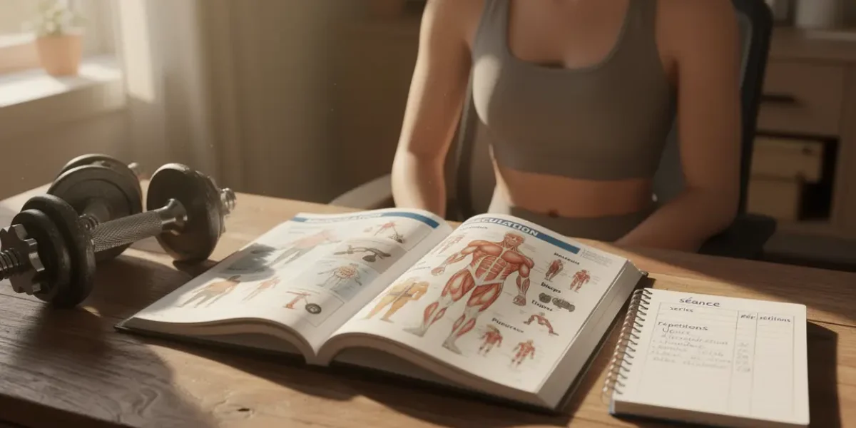 Livre de musculation ouvert avec illustrations programmes
