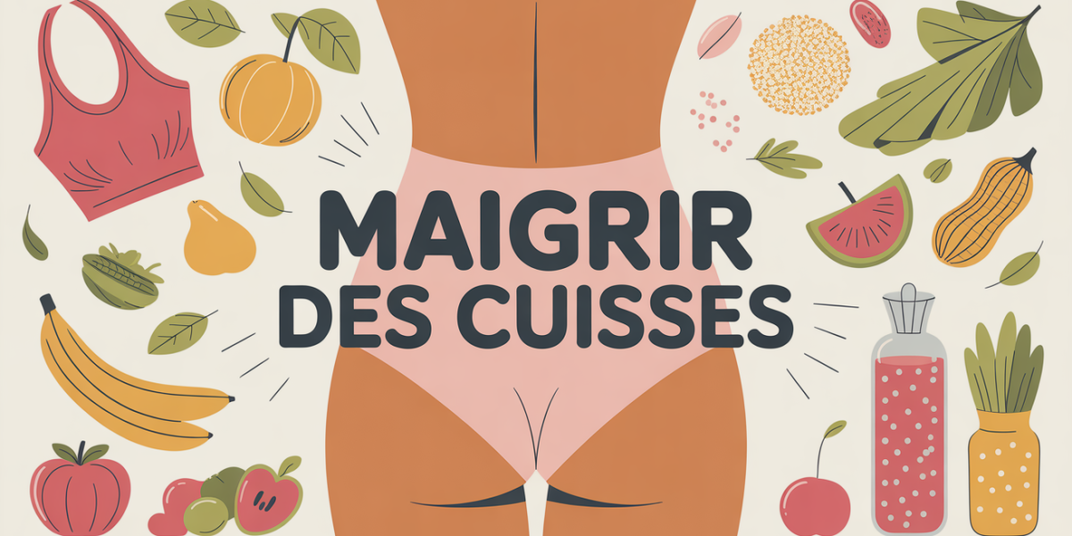 Illustration stylisée maigrir des cuisses femme avec aliments et sport