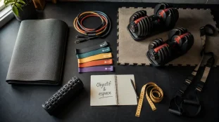 Materiel sport maison compact : tapis, élastiques et haltères