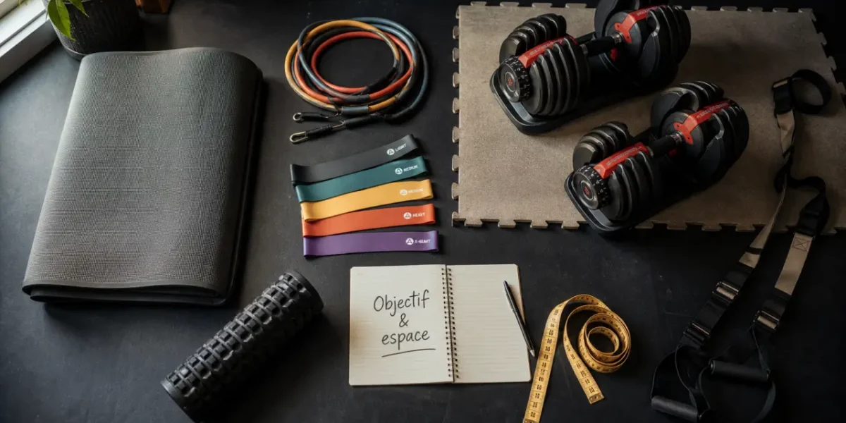 Materiel sport maison compact : tapis, élastiques et haltères