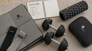 Materiel sport maison : tapis, haltères et accessoires