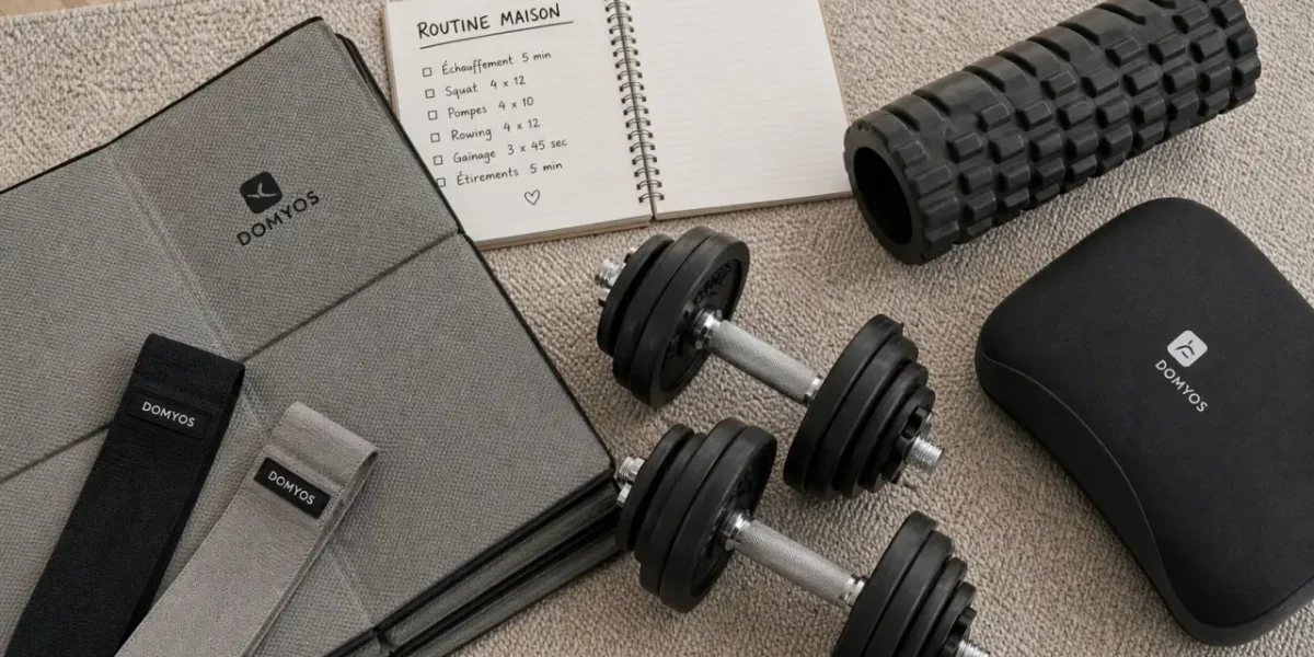 Materiel sport maison : tapis, haltères et accessoires