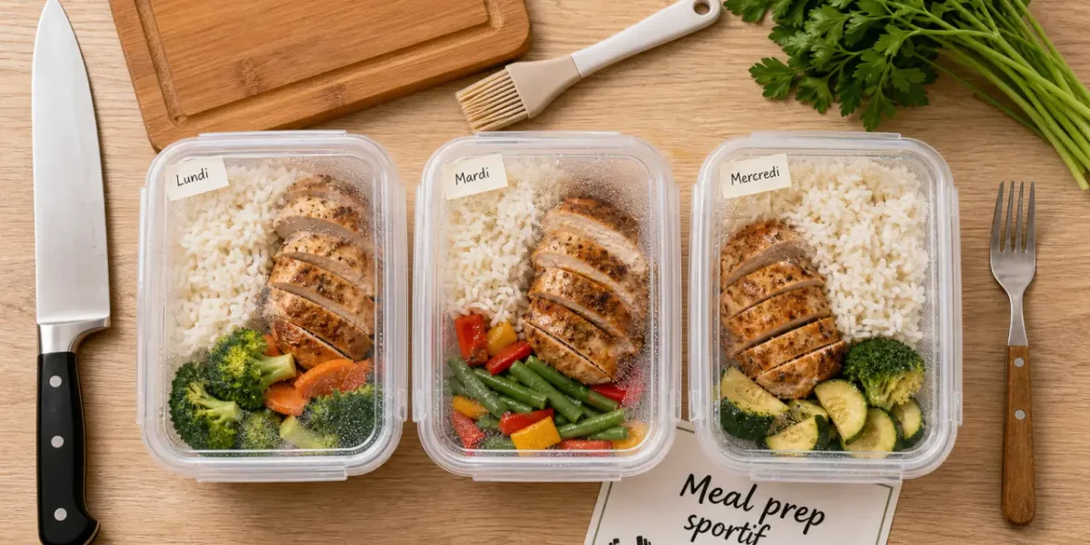 Meal prep sportif : boîtes de repas prêts, portions claires