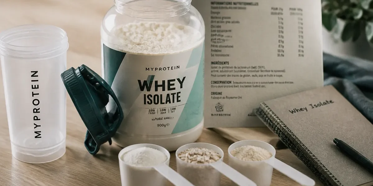 Meilleur proteine prise de masse : whey isolate et shaker sur table