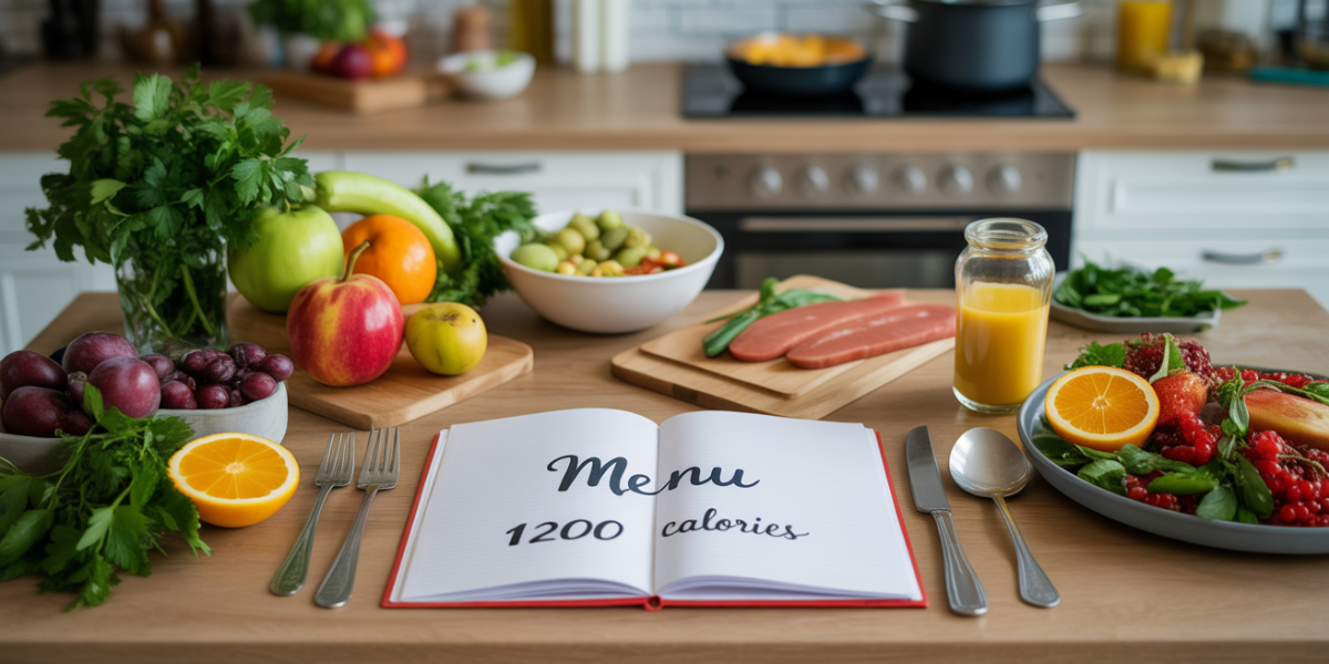menu 1200 calories sur table avec aliments sains