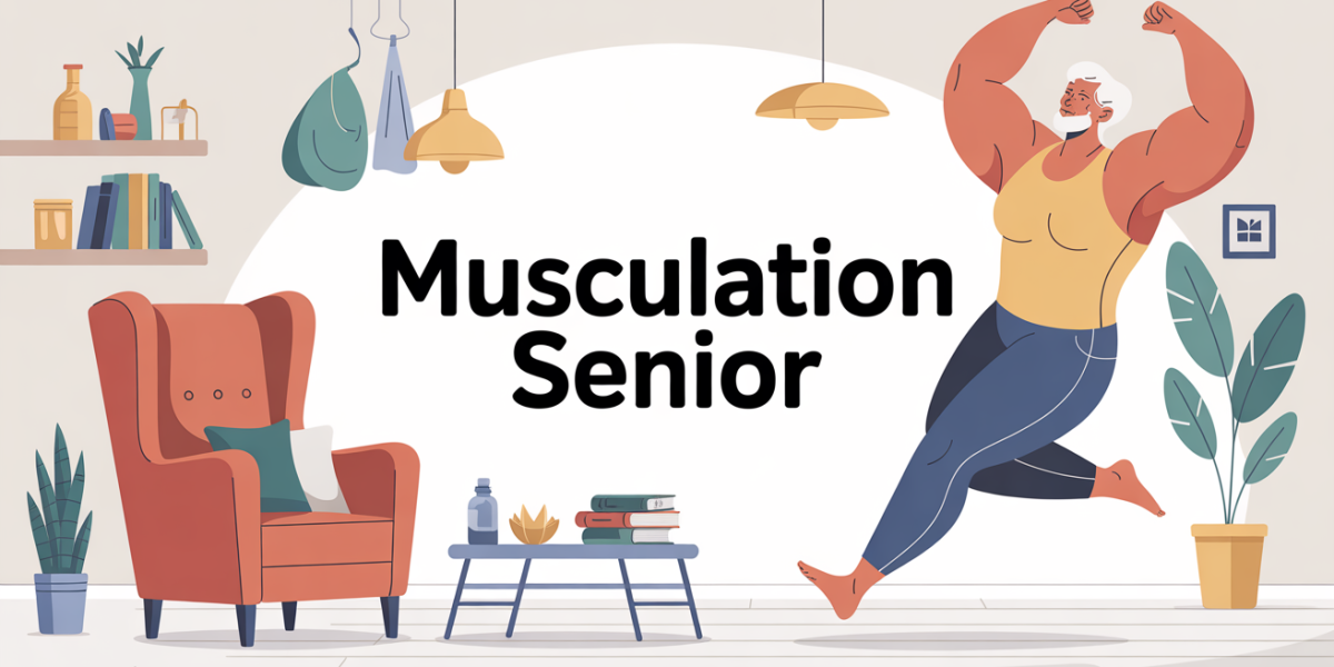 Illustration musculation senior dans un salon avec accessoires