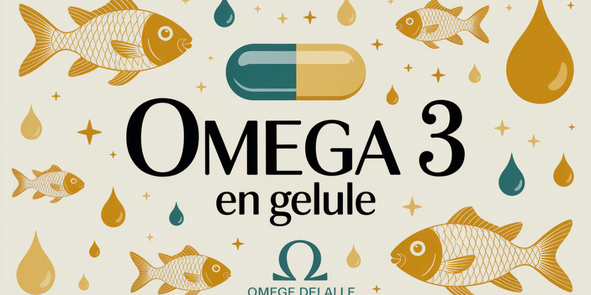 Omega 3 en gelule sur fond clair avec poissons stylises