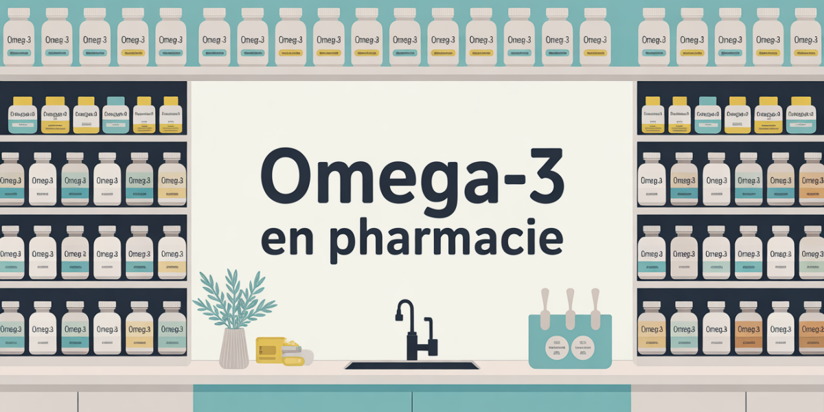 Vue pharmacie moderne flacons omega-3