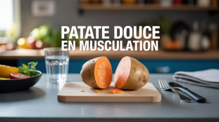 gros plan patate douce musculation sur planche cuisine