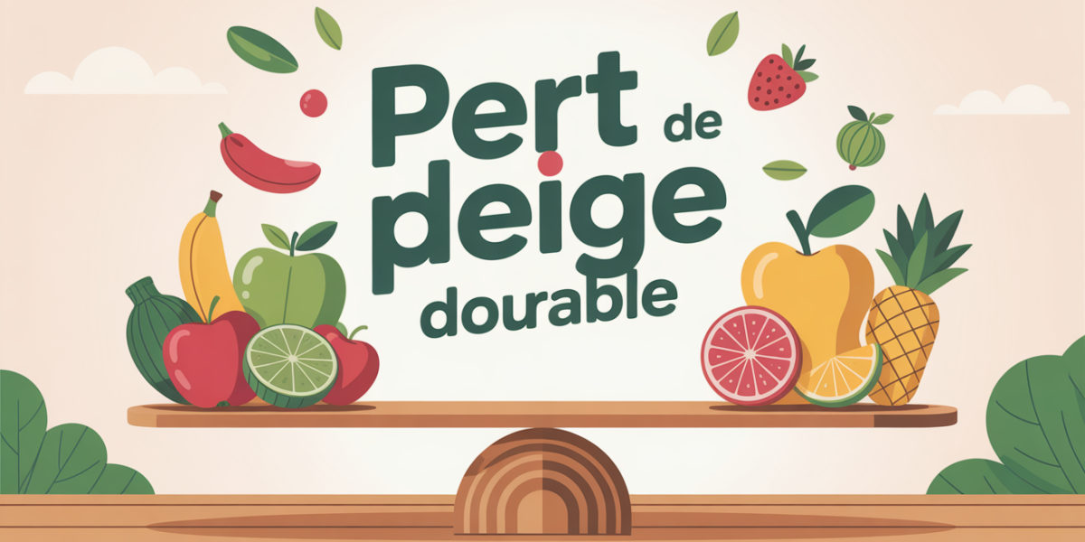 Balance moderne entourée de fruits et légumes, symbole perte de poids durable