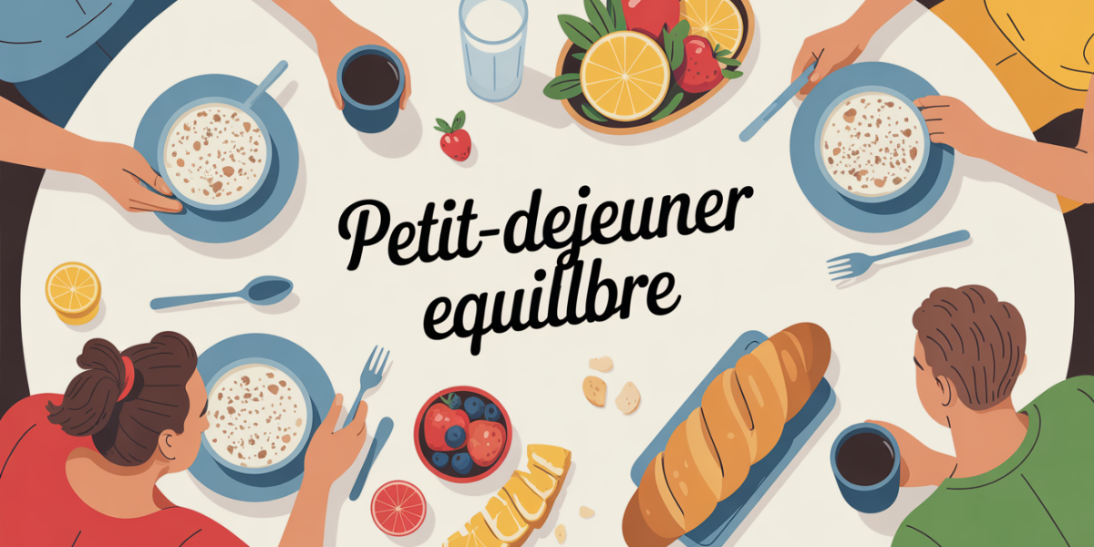 Petit déjeuner équilibré avec flocons d’avoine, fruits, pain complet, yaourt