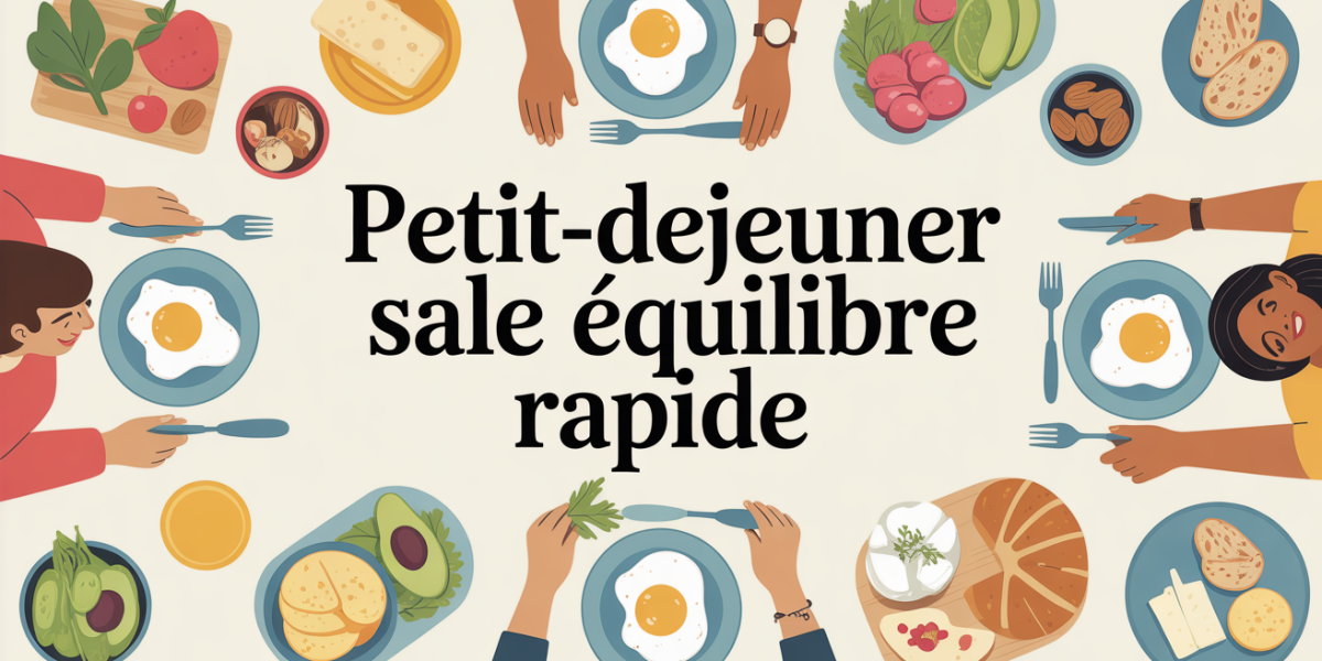 Petit déjeuner salé équilibré rapide sur table, aliments variés, ambiance matinale