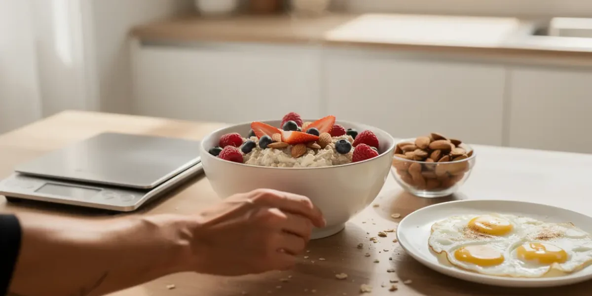Petit déjeuner sèche sain flocons d'avoine amandes oeufs fruits rouges matinée sportive