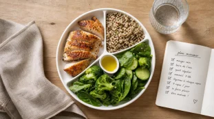 Plan alimentaire pour perte de poids : assiette protéines et fibres, menu rassasiant