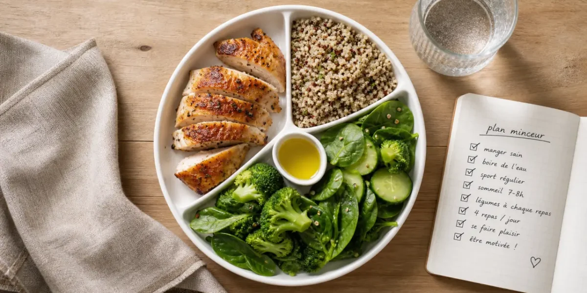 Plan alimentaire pour perte de poids : assiette protéines et fibres, menu rassasiant