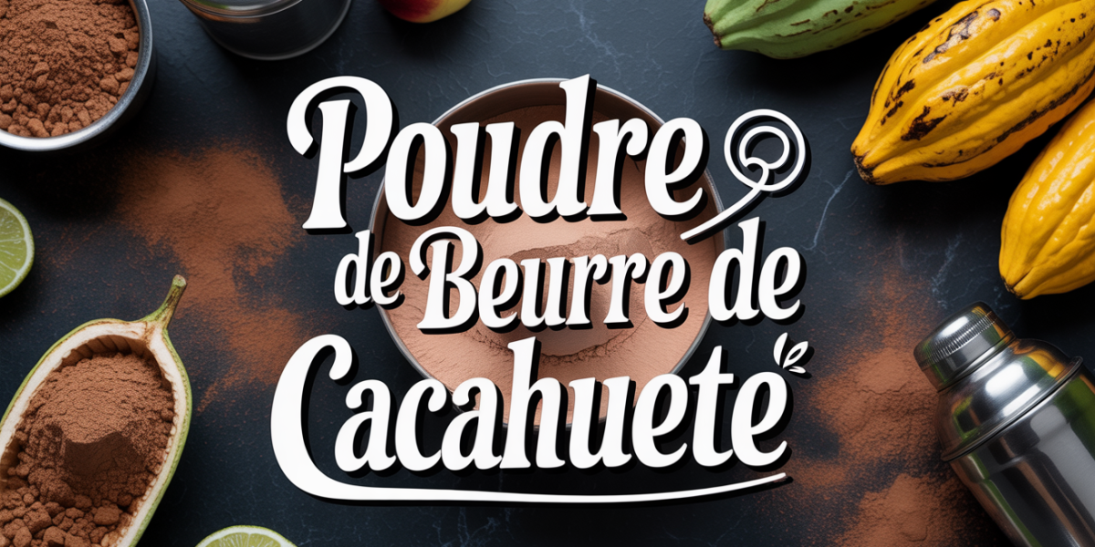 Poudre de beurre de cacahuète en bol avec shaker, fruits et cacahuètes