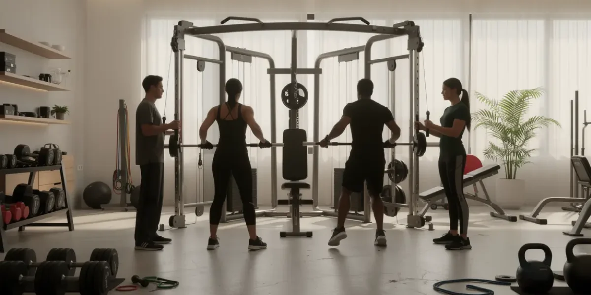 station poulie musculation maison moderne exercice silhouettes