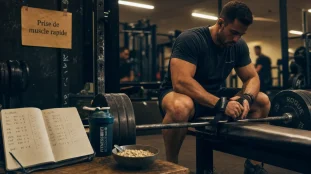 Prendre des muscle rapidement en salle de sport : carnet et barre chargée