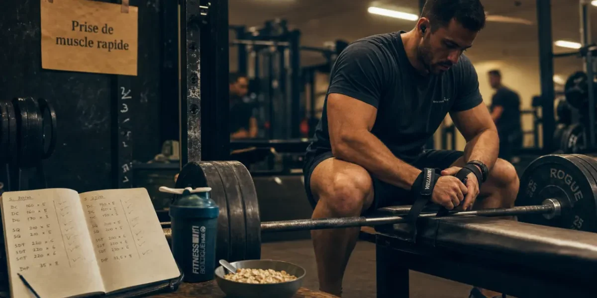 Prendre des muscle rapidement en salle de sport : carnet et barre chargée