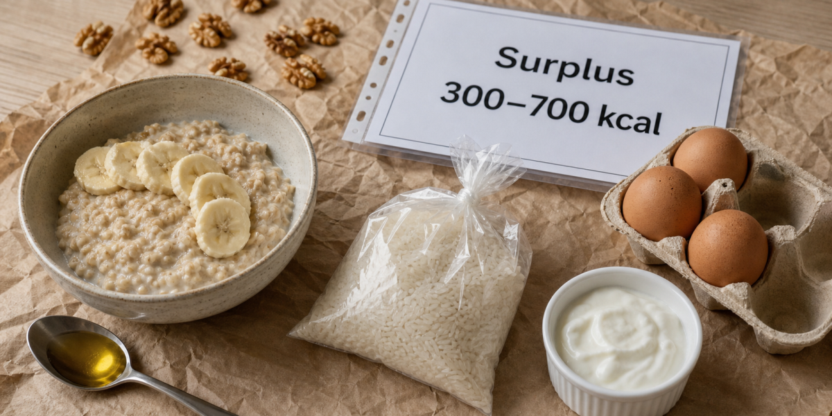 Prise de masse musculaire : aliments 300–700 kcal, porridge, œufs, yaourt, riz et noix