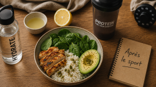 Que manger apres le sport : bol de récupération avec riz, poulet, épinards, avocat et eau