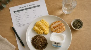 Repas riche en proteine : assiette 25 g avec poulet, œufs, skyr et lentilles