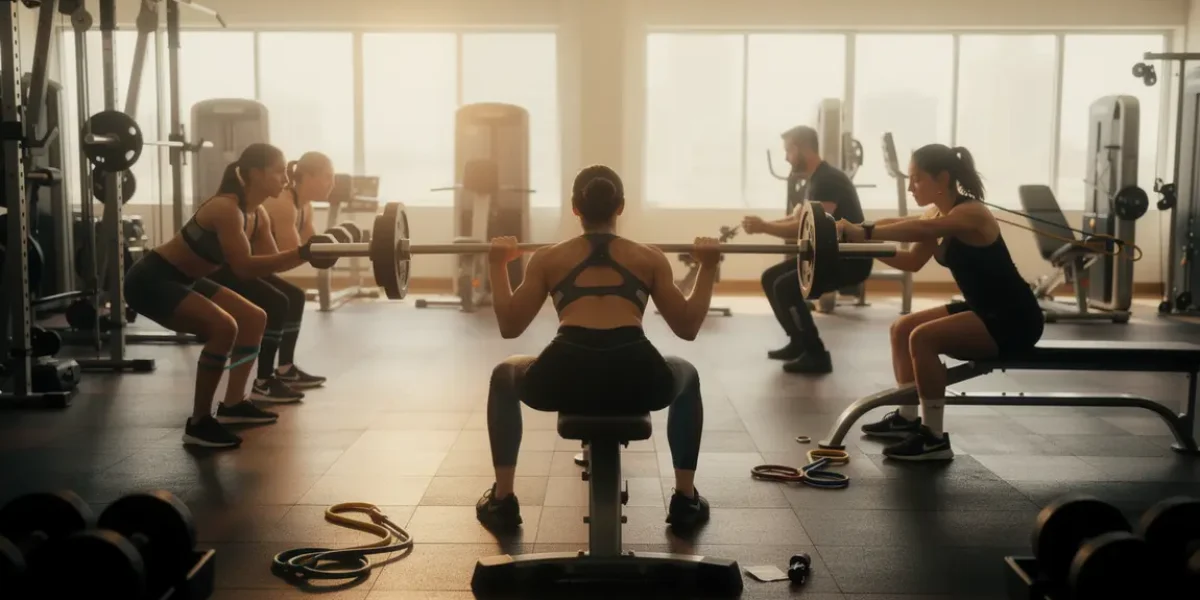 Groupe hommes femmes squats hip thrust abductions salle musculation