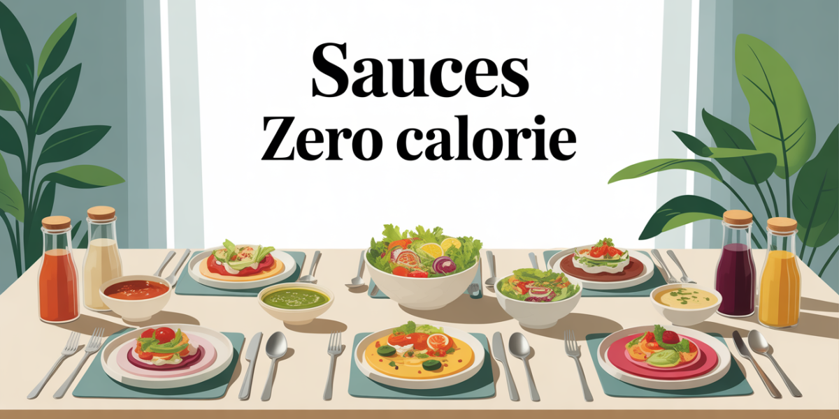 Table moderne avec sauces zero calorie et plats dietetiques