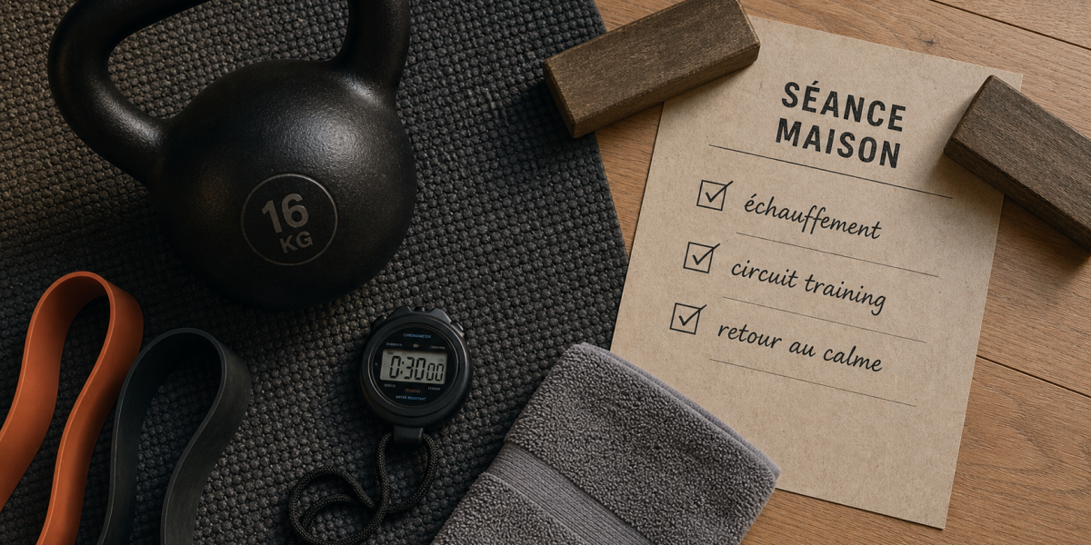 Séance de renforcement musculaire : 3 circuits sur tapis, kettlebell et élastiques