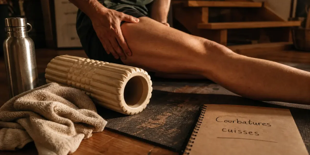Auto-massage pour soulager des courbatures aux cuisses, rouleau de mousse sur tapis de yoga