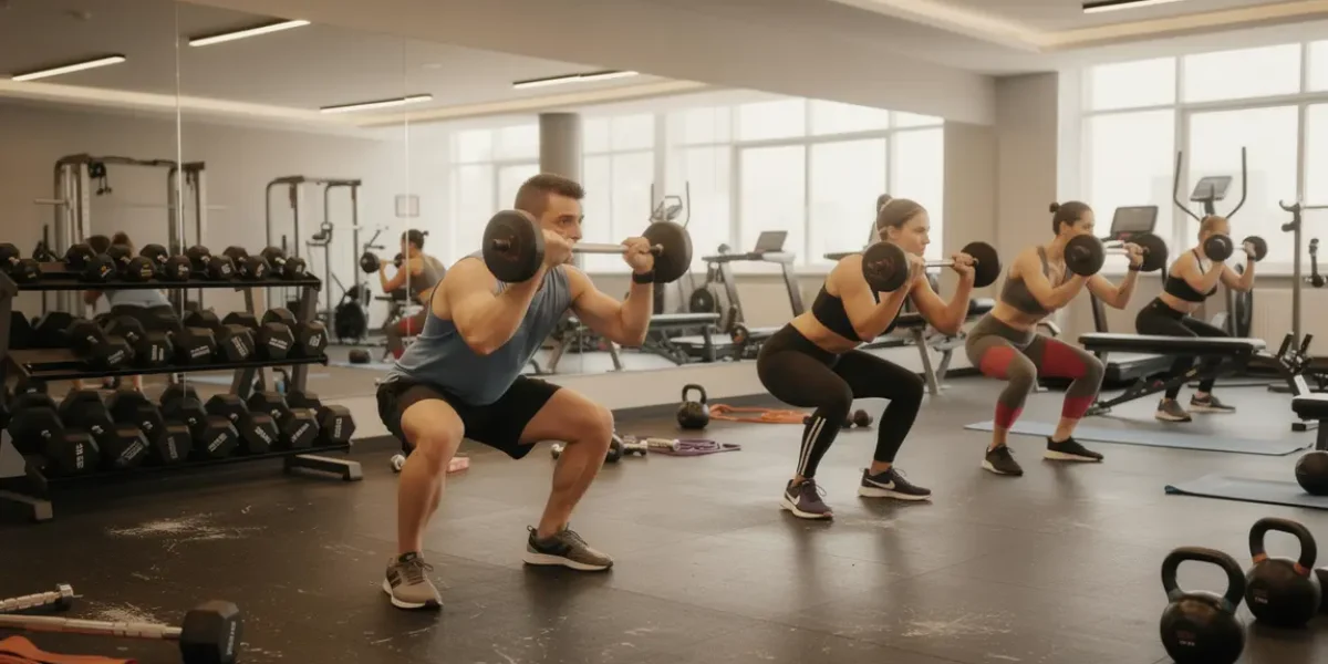 Espace fitness, squats techniques sécurisés, posture parfaite