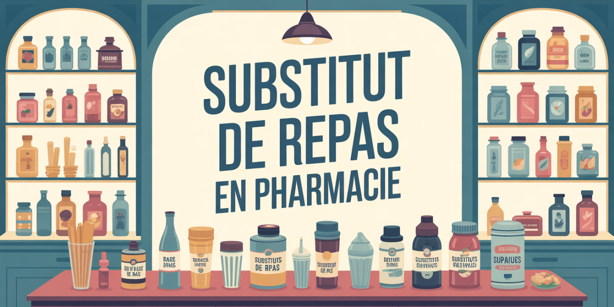 Vue pharmacie moderne, substituts repas sur table, ambiance rassurante