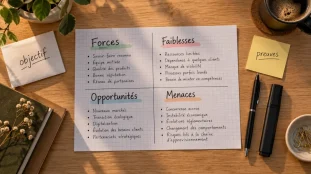 SWOT personnel en quatre cases : forces, faiblesses, opportunités, menaces