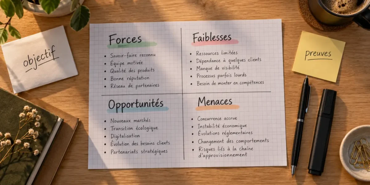 SWOT personnel en quatre cases : forces, faiblesses, opportunités, menaces