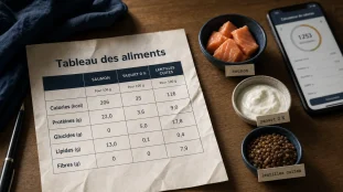 Tableau des aliments avec calories et protéines par portion